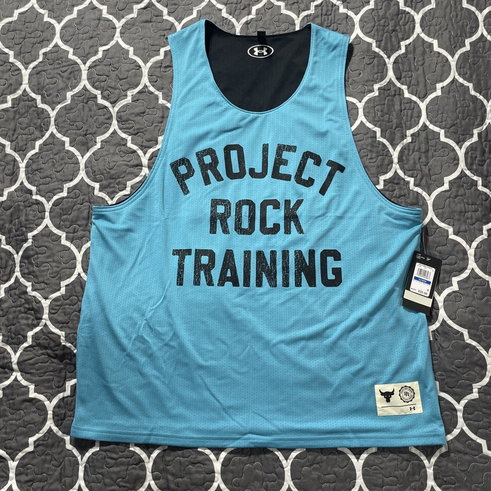 Under Armour Men's S Project Rock Reversible Gym Mesh Tank Top Blue Black NEW